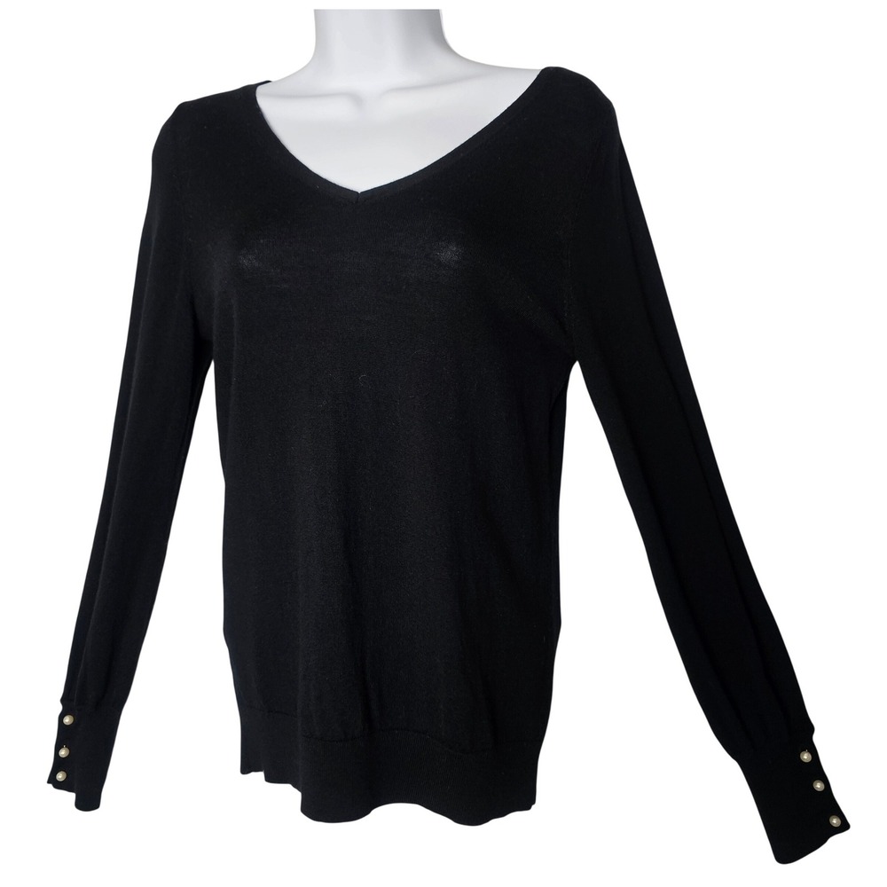 Ann Taylor 100% Wool Sweater Women S Black V Neck Pearl Cuff Dark Academia Luxe